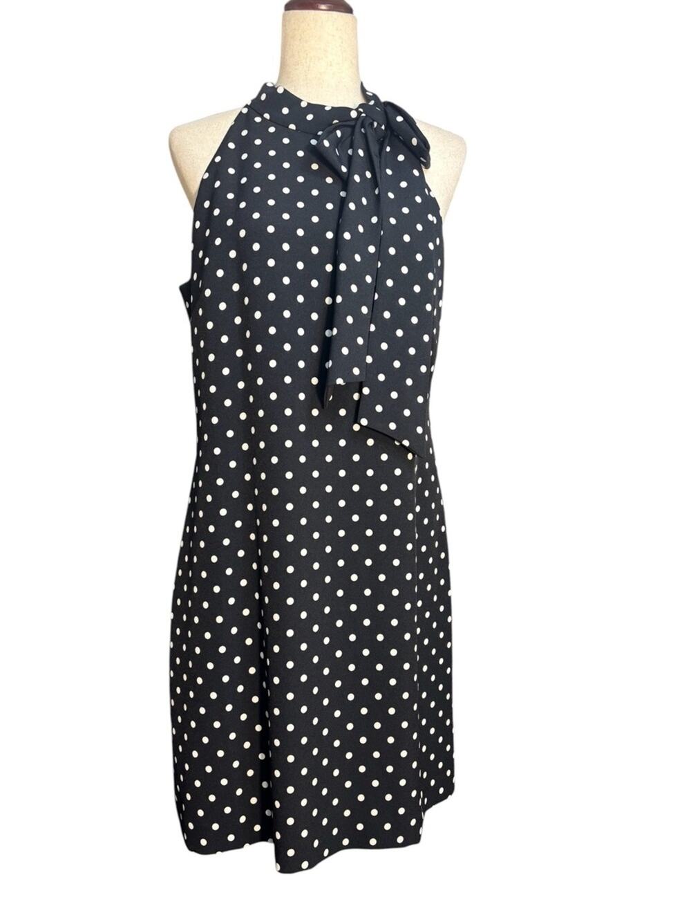Vince Camuto Polka Dot Halter Shift Dress Bow Neck Black & White 12 0710